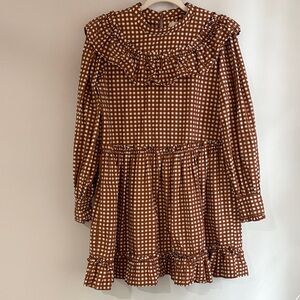 Anthropologie Elegant Brown Gingham Mini Dress with Ruffles - PORRIDGE